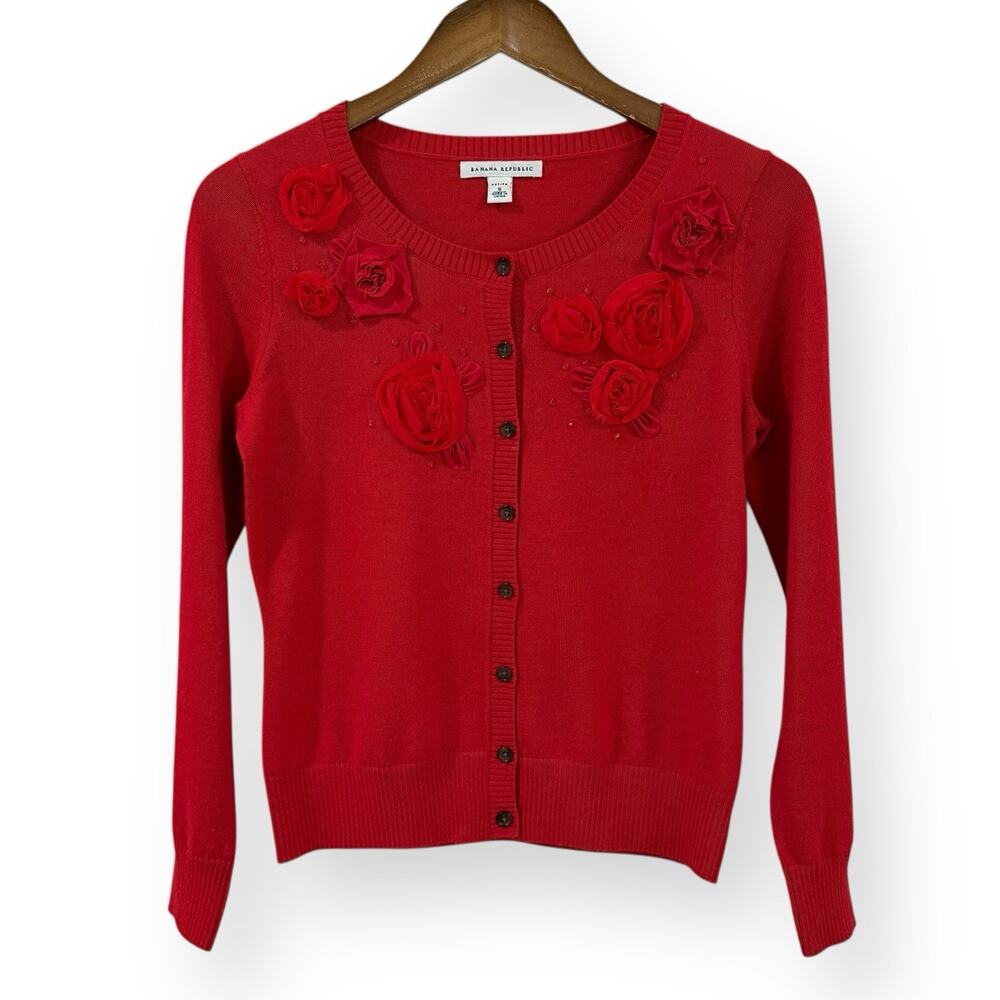 Banana Republic Floral Embellished Red Cardigan Womens SP Merino Wool Blend